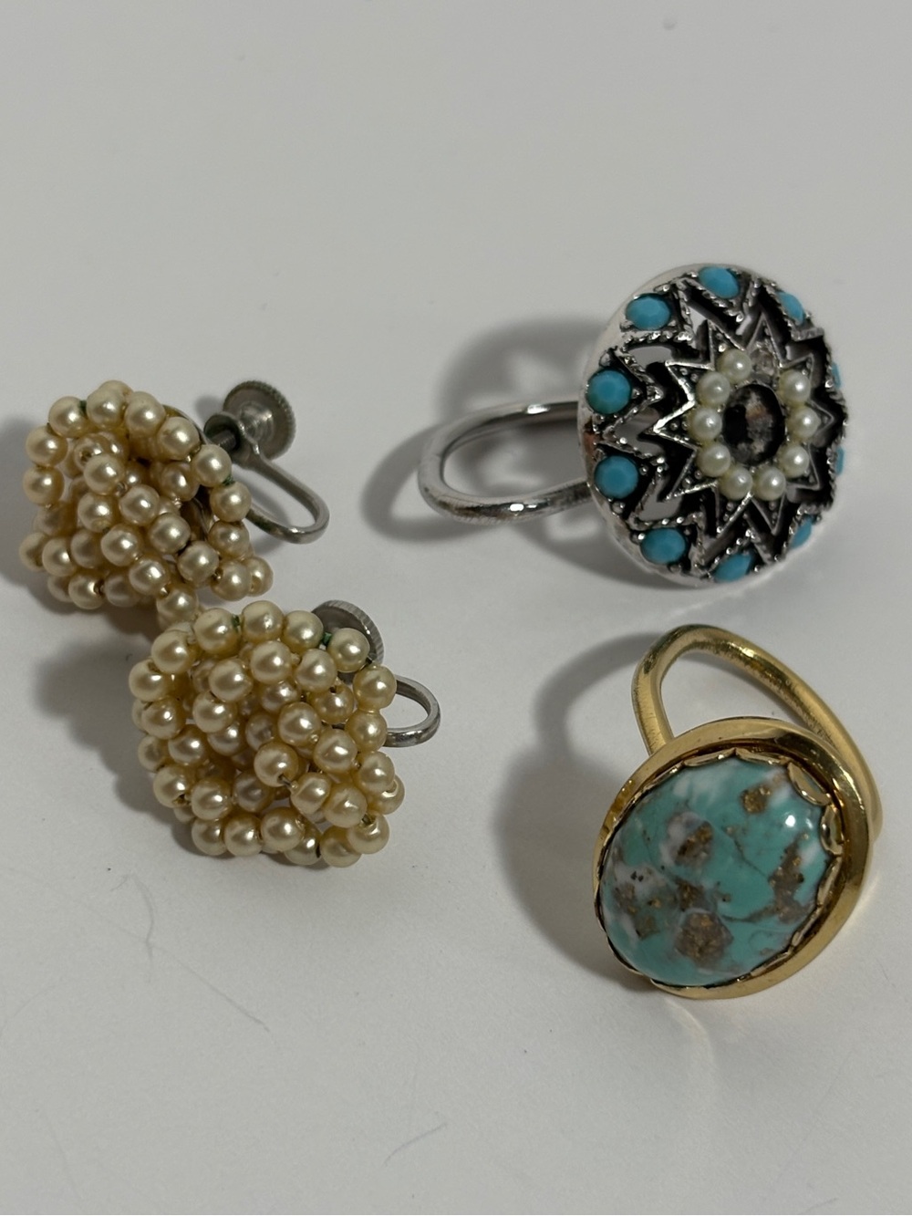 Vintage Signed Sarah Coventry Canada Scarf Rings Lot & Triad Pearl Earrings